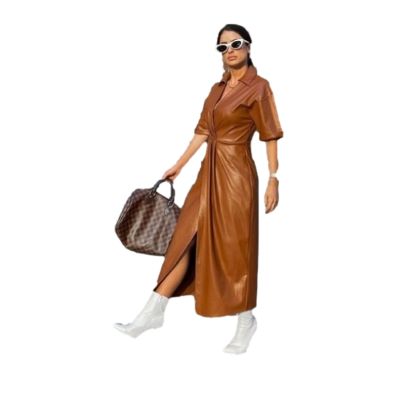Zara Dresses & Skirts - ZARA WHISKEY BROWN FAUX LEATHER WRAP MIDI DRESS- SIZE SMALL- NWT